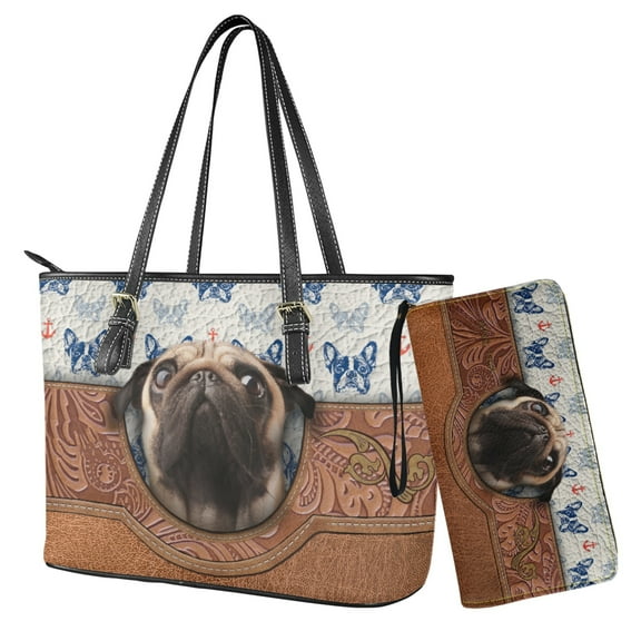 LedBack Pug Dog Printed Handbag and Wallet Set Boston Terrier Print Top Handle Shoulder Bag with Matching Wallet Leather Purses for Women Bucket Totes Hobo Bag, Brown