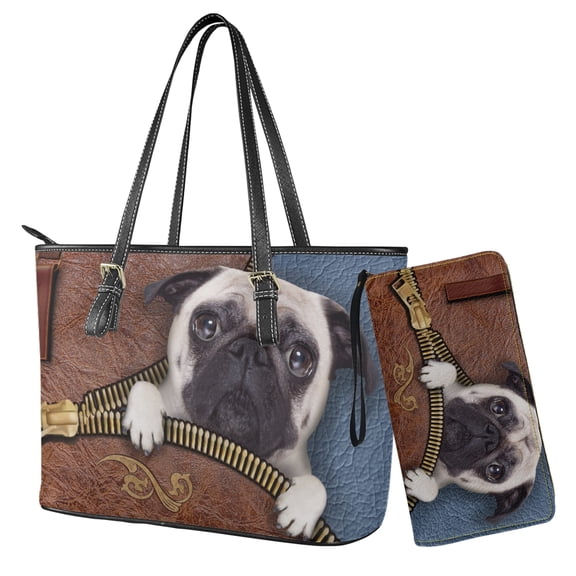 LedBack Pug Dog Printed Handbag and Wallet Set for Women Leather Tote Bag Matching Wristlet Wallet Waterproof Bucket Shoulder Purses Set for Ladies, Brown