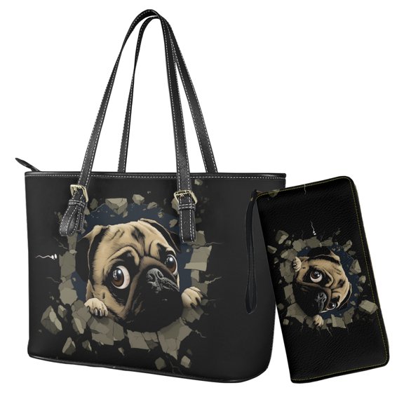 LedBack Pug Dog Printed Tote Bag for Women Handbag and Wallet Set Large Capacity Top Handle Shoulder Purse Handbags with Matching Wallet Clutch, 2 PCS, Black