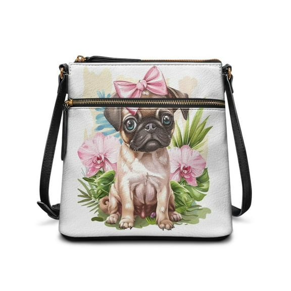 LedBack Pug Print Women Crossbody Hobo Bag Leather Satchel Purse with Adjustable Shoulder Strap, Portable Shoulder Handbag Purse Sling Messenger Bag, White