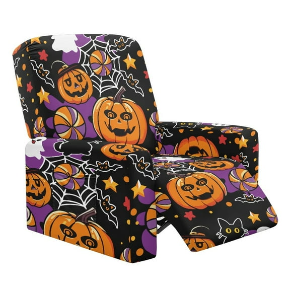 LedBack Pumpkin Print Recliner Slipcover 4 Pieces Lazyboy Chair Cover Reclining Sofa Covers Non Slip Furniture Protector Couch Cover for Living Room, Halloween Decoration, Orange and Black