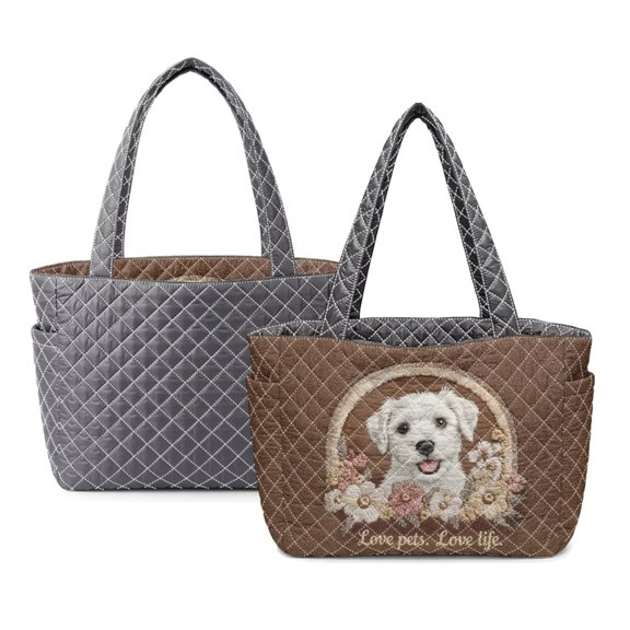 LedBack Quilted Hobo Handbag Schnauzer Flower Print Handbags for Women Two Tone Tote Bag Lightweight Portable Satchel Shoulder Purse