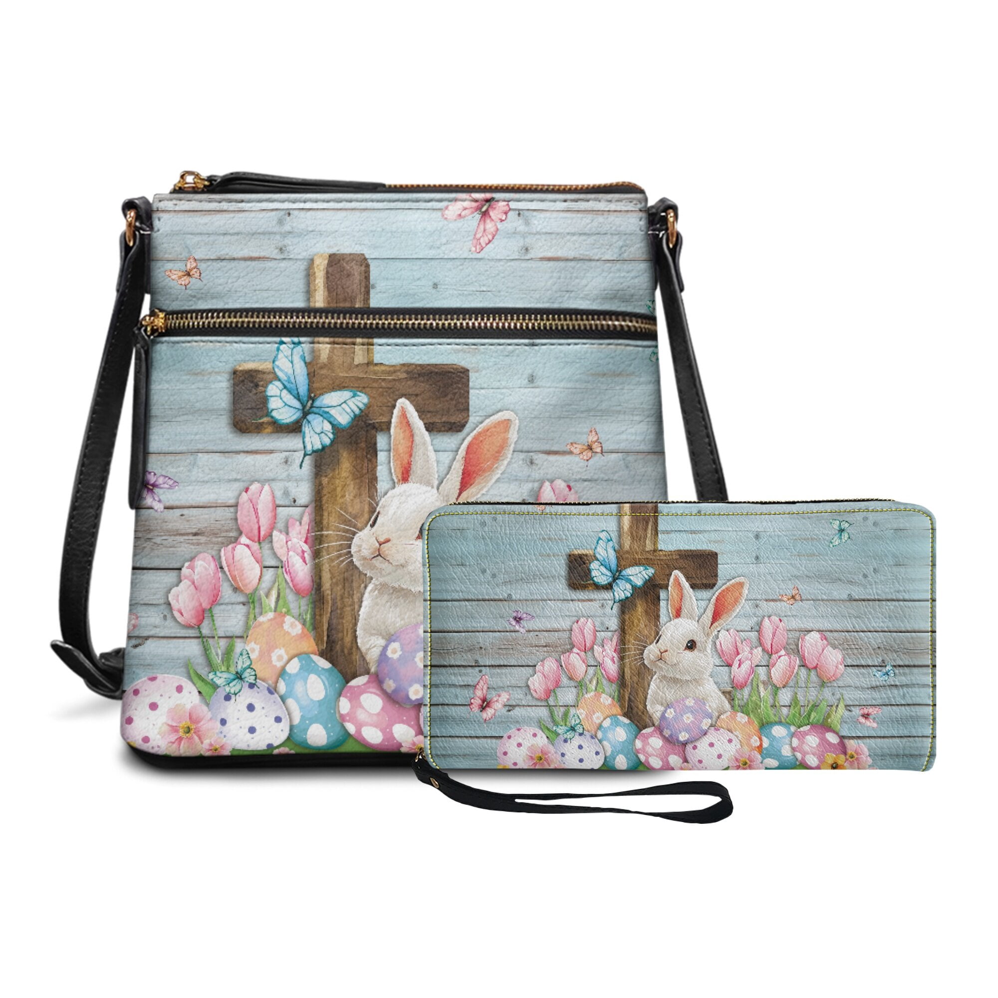 LedBack Rabbit Cross Print Leather Crossbody Purse Wallet Sets for Women PU Leather Tulip Satchel Purse Hobo Bag with Zipper Front and Back Pockets Zipper Purse and Handbag Set, Blue