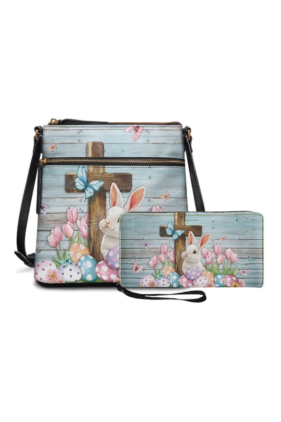 Rabbit Cross Print Leather Crossbody Purse Wallet Sets for Women PU Leather Tulip Satchel Purse Hobo Bag with Zipper Front and Back Pockets Zipper Purse and Handbag Set, Blue