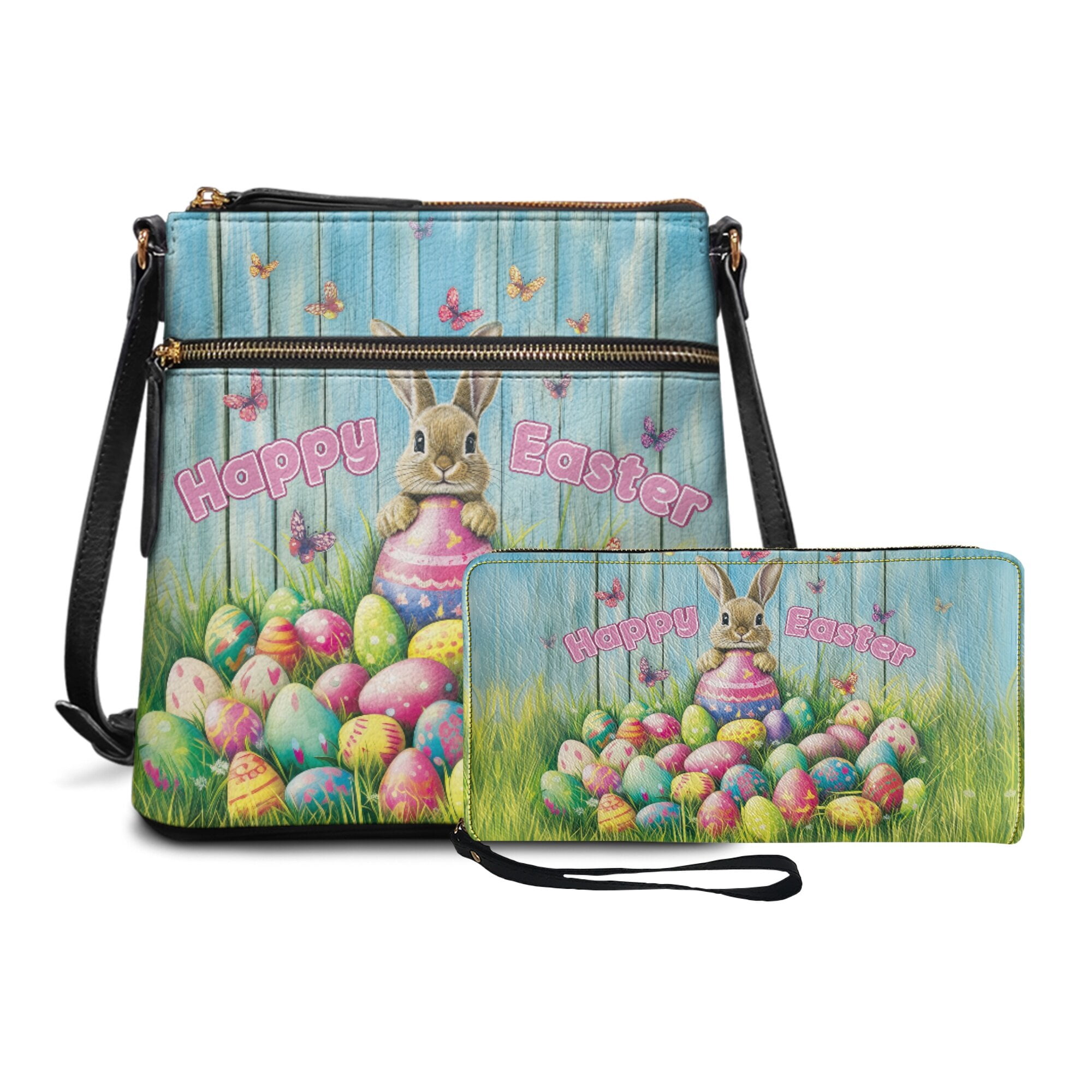 LedBack Rabbit Crossbody Satchel Purse and Wallet Set for Women, PU Leather Easter Eggs Hobo Bag Sling Shoulder Purse Multi Pocket Messenger Purse Wallet Set, Blue (Happy Easter)