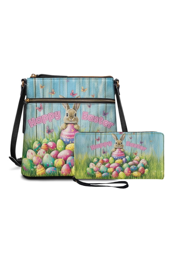 Rabbit Crossbody Satchel Purse and Wallet Set for Women, PU Leather Easter Eggs Hobo Bag Sling Shoulder Purse Multi Pocket Messenger Purse Wallet Set, Blue (Happy Easter)