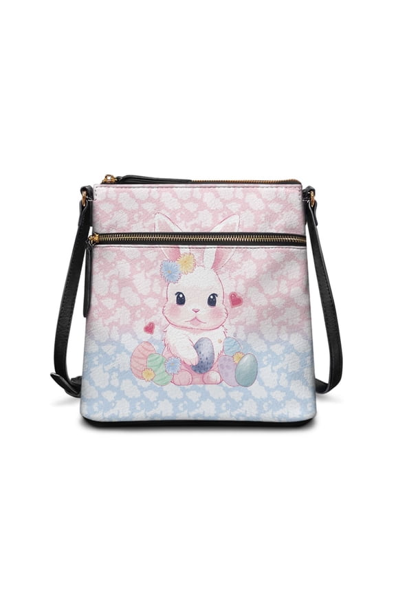 Rabbit Easter Egg Leather Crossbody Purse Women Satchel Handbag, Anti-Theft Hobo Bag Multi Pocket Messenger Purse Shoulder Bag with Adjustable Strap, Pink