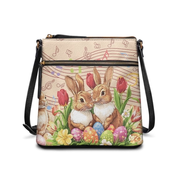 LedBack Rabbit Print Leather Hobo Bag Easter Eggs Satchel Purse with Adjustable Strap, Crossbody Shoulder Bag Messenger Bag with Multi Pockets, Pink