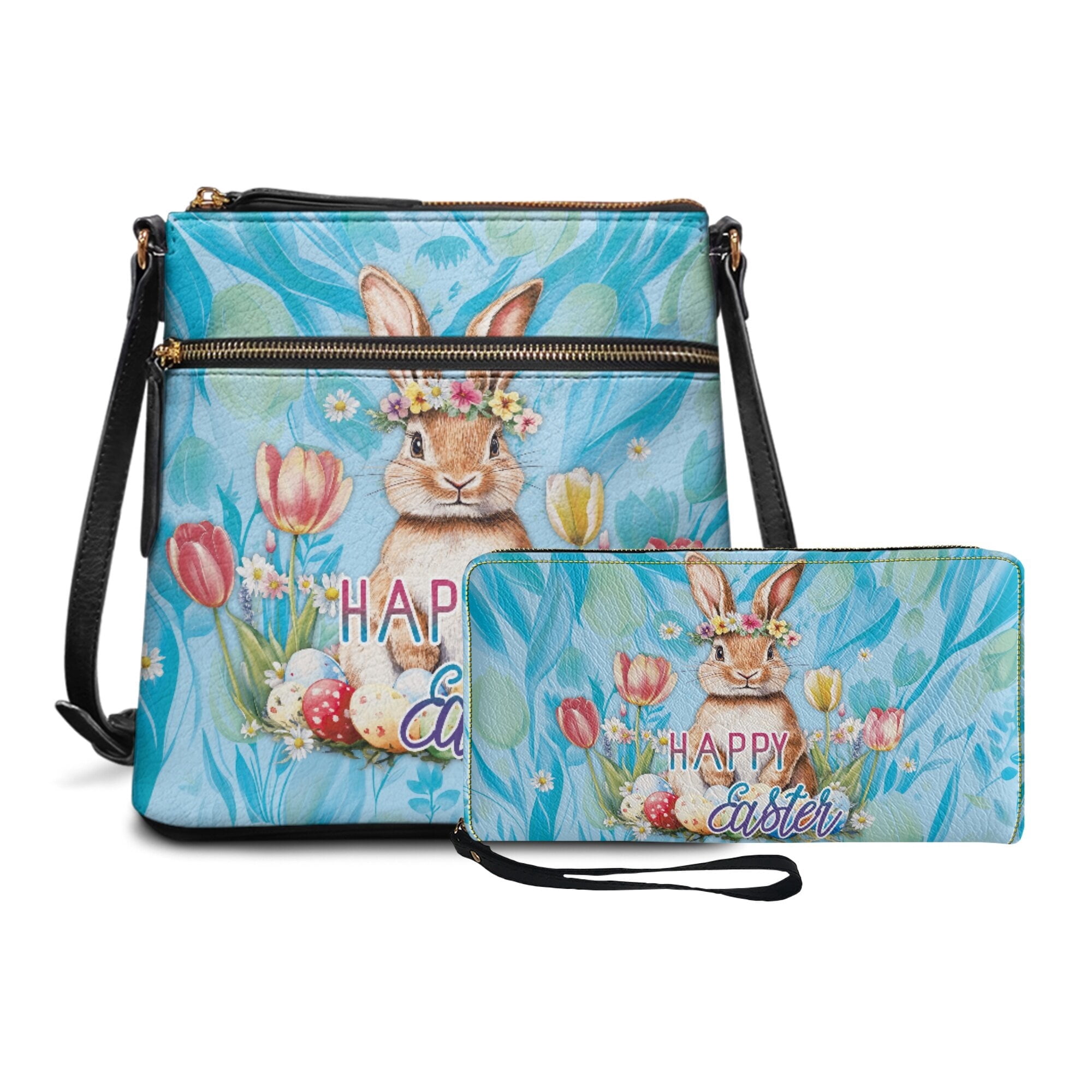 LedBack Rabbit Tulip Large Crossbody Bags Ladies Shoulder Handbags Purse and Wallet Set Multi Pocket Easter Eggs Messenger Bag with Adjustable Strap, Gift for Women, Blue