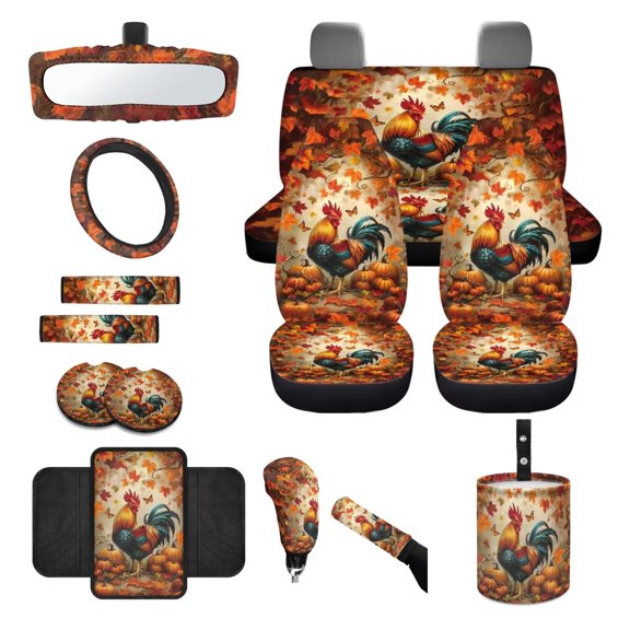 LedBack Rooster Pumpkin Print Car Seat Cover Set Maple Leaf Print Automotive Seat Covers Steering Wheel Protector Armrest Cushion Safety Belt Pads Garbage Bag, Universal Fit SUV Truck Sedan