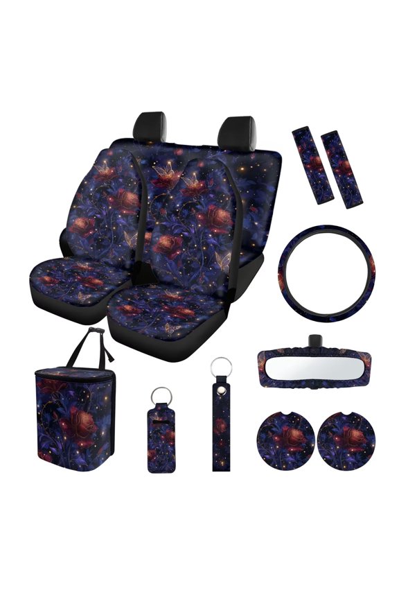 Rose Butterfly Print Car Front Rear Seat Covers with Steering Wheel Cover Safety Belt Pads Inside Rearview Mirror Cover Trash Bag Cup Coasters Key Chain and Lipstick Keychain