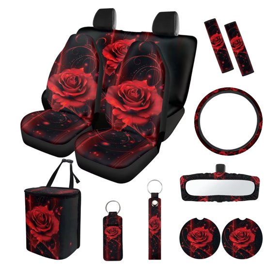 LedBack Rose Print Front and Back Car Seat Covers with Steering Wheel Cover Safety Belt Pads Inside Rearview Mirror Cover Trash Can Cup Coasters Key Chain and Lipstick Keychain, 13PCS