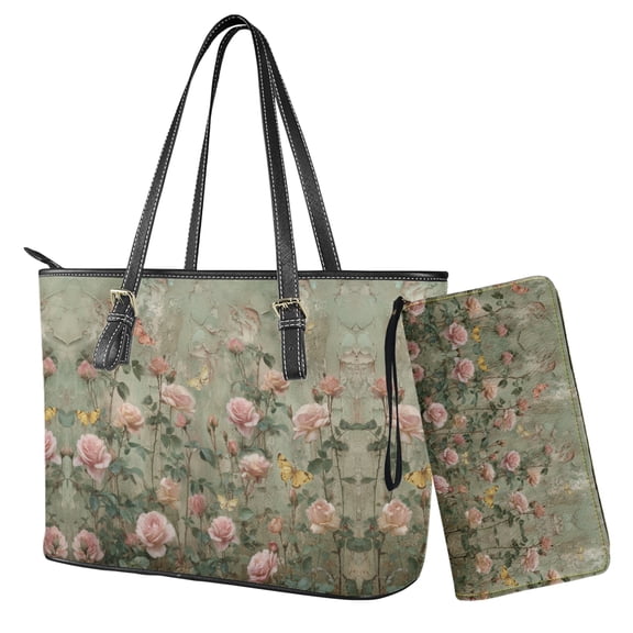 LedBack Rose Printed Top Handle Shoulder Bags Waterproof Handbag and Wallet Set Leather Totes Shoulder Purse with Matching Wrist Wallet for Dating, Green