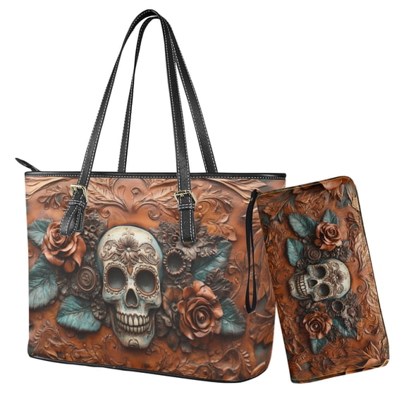 LedBack Rose Skull Printed Purse and Handbags Set Waterproof Leather Top Handle Shoulder Bag with Matching Wallet Hobo Bag Clutch Purse for Women Shopping Walking, Brown