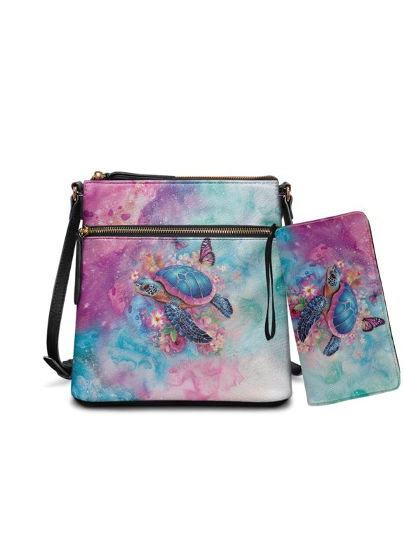 Sea Turtle Crossbody Handbag Set Butterfly Floral Print Cross Body Bag with Wallet Set Womens Leather Shoulder Handbag Blue Hobo Bag Satchel Purse for Ladies, Pink and Blue