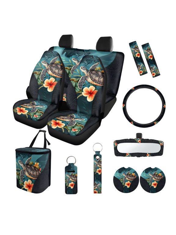 Sea Turtle Print Car Accessories Seat Covers Full Set Plumeria Print Car Front Rear Seat Covers with Steering Wheel Cover Safety Belt Pads Inside Rearview Mirror Cover Key Chain