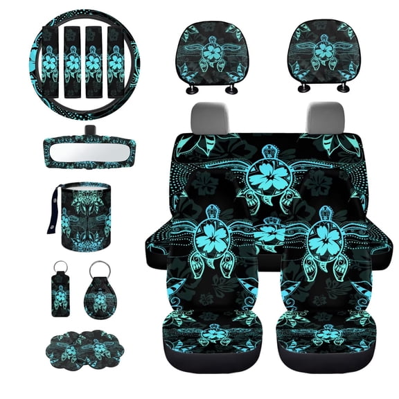 LedBack Sea Turtle Print Car Seat Cover Sets Full Set Cloth Hibiscus Print Front Back Seat Protector Covers with Steering Wheel Cover Headrest Covers Safety Belt Pads Key Chain
