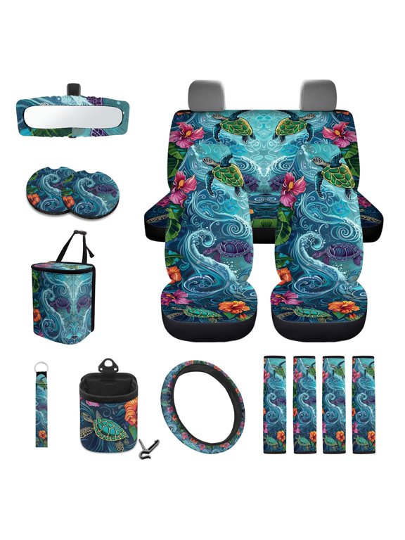 Sea Turtle Print Full Set Car Seat Covers with Accessories Hibiscus Print Steering Wheel Cover Safety Belt Pads Rearview Mirror Cover Car Air Vent Organizer Garbage Bag Keychain