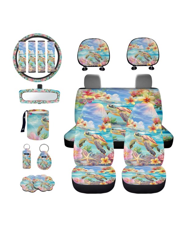 Sea Turtle Print Full Set Seat Covers for Cars Plumeria Starfish Print Car Front Rear Seat Covers Headrest Protectors Steering Wheel Cover Safety Belt Pads Trash Bin