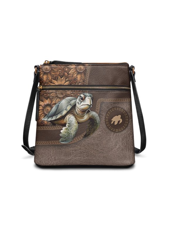 Sea Turtle Print Leather Crossbody Satchel Bag for Women Ladies, Portable Messenger Bag Hobo Bag with Adjustable Strap Sling Shoulder Handbag for Travel Shopping, Brown