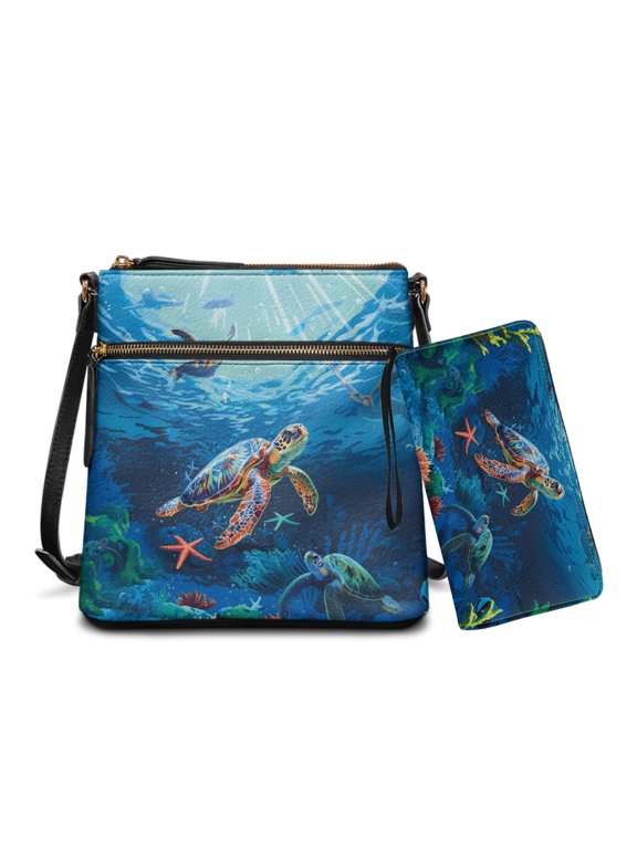 Sea Turtle Print Leather Hobo Bag Set Crossbody Satchel Purse Shoulder Handbag with Leather Wallet, 2PCS Purse and Wallet Set for Women Lady, Blue