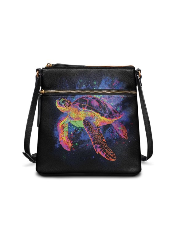 Sea Turtle Print Leather Satchel Handbags for Women, Ladies Crossbody Hobo Bag Zipper Shoulder Handbag with Adjustable Strap for Travel Shopping, Black