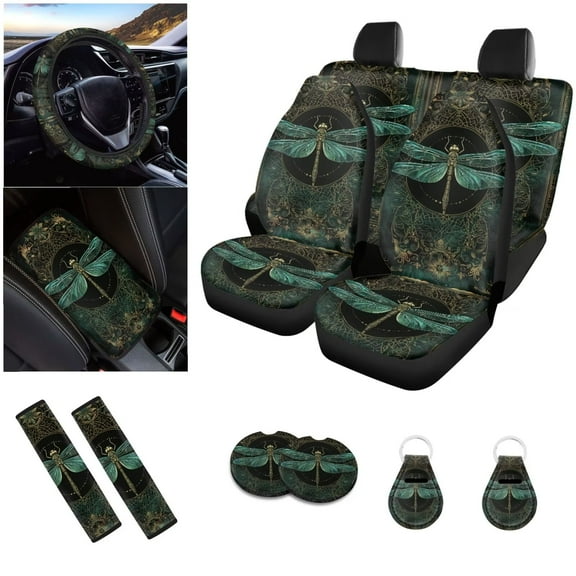 LedBack Sea Turtle Printed Car Seat Cover Full Set for Men, 12 Pcs Dragonfly Car Front & Rear Seat Cover with Non Slip Steering Wheel Cover Armrest Pads Seat Belt Cover Coaster