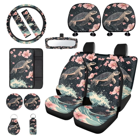 LedBack Sea Turtle Printed Car Seat Covers Full Set Hibiscus Steering Wheel Covers Seat Belt Covers Head Rest Covers Lipstick Holder Keychain Car Rear View Mirror Protector Car Accessories Set