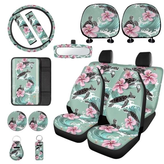 LedBack Sea Turtle Printed Car Seat CoversHibiscus Printed Auto Seat Belt Cover Automotive Steering Wheel Covers Car Inside Rearview Mirror Cover Decorative Car Accessories, Green