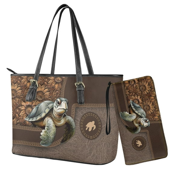 LedBack Sea Turtle Printed Tote Bag Handbag with Wallet Set Sunflowr Print Hobo Shoulder Bag for Women Ladies 2 Pcs Leather Top Handle Handbag Purse Clutch Shoulder Totes, Brown