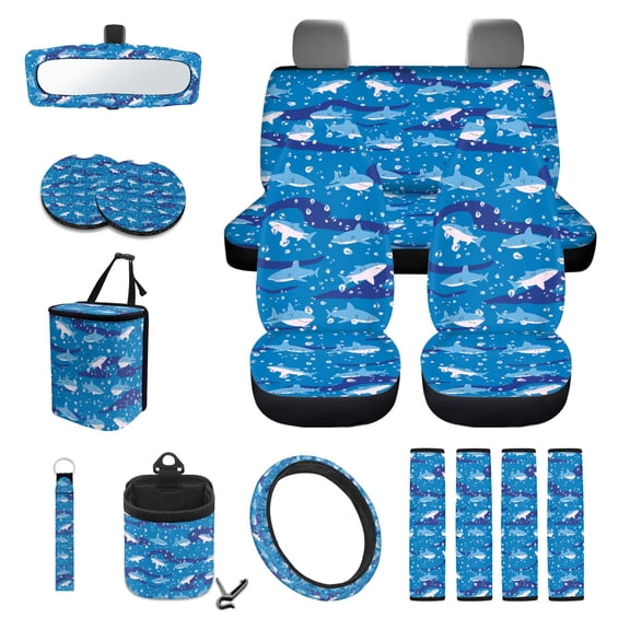LedBack Shark Print Full Set Seat Covers for Cars Removable Universal Steering Wheel Cover Safety Belt Pads Inside Rearview Mirror Cover Car Air Vent Storage Bag Trash Can Coasters, Blue