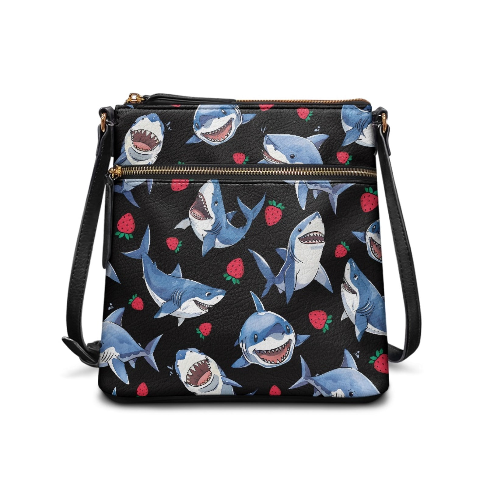 LedBack Shark Strawberry Print Leather Crossbody Satchel Purse Hobo Bag for Women, Sling Zipper Shoulder Handbag Messenger Bag with Adjustable Strap and Zipper Pocket, Black and Blue