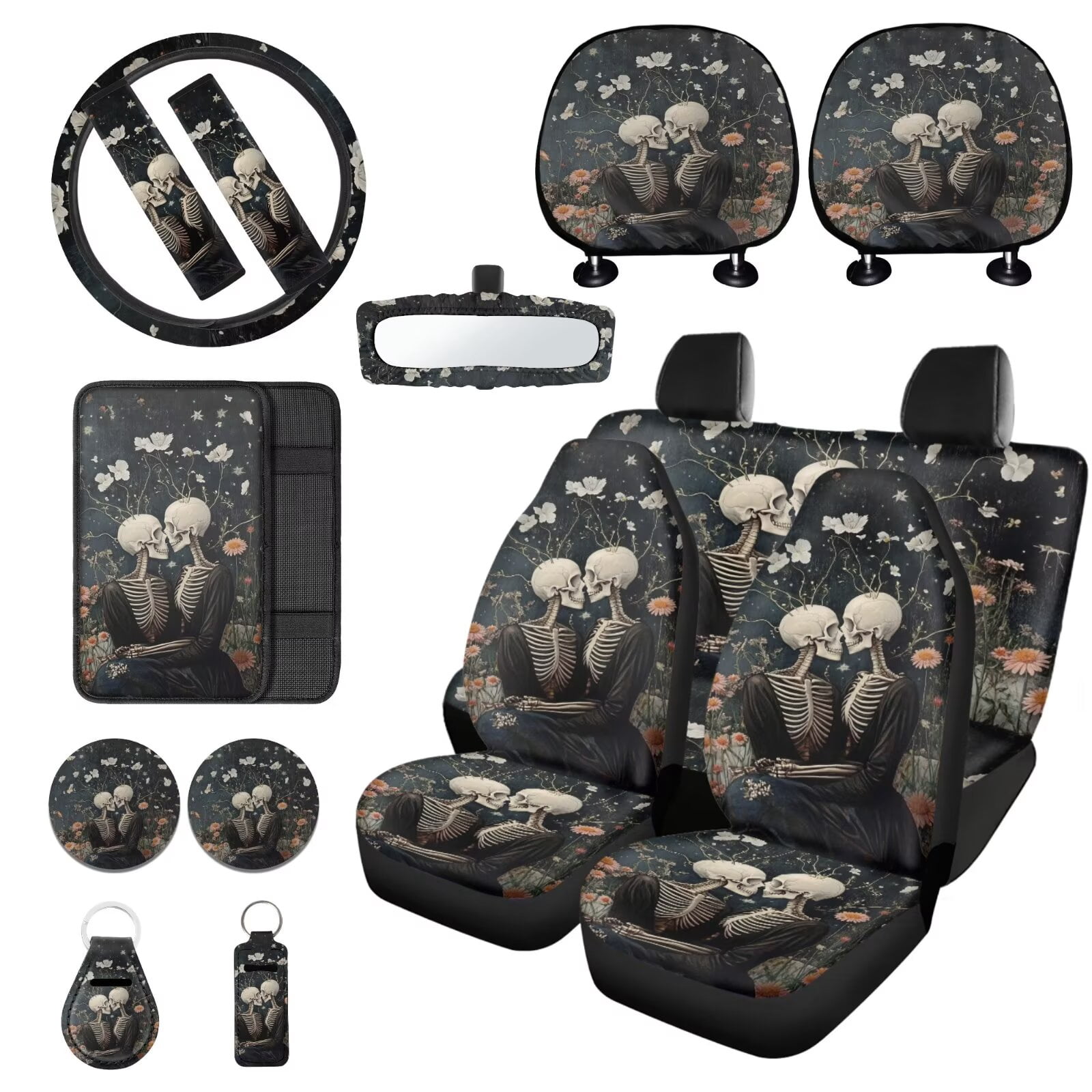 LedBack Skeleton Floral Printed Car Seat Covers Full Set for Women Men Non Slip Steering Wheel Covers Car Seat Belt Pads Armrest Pad Covers Car Mirror Accessories, 15 Pieces