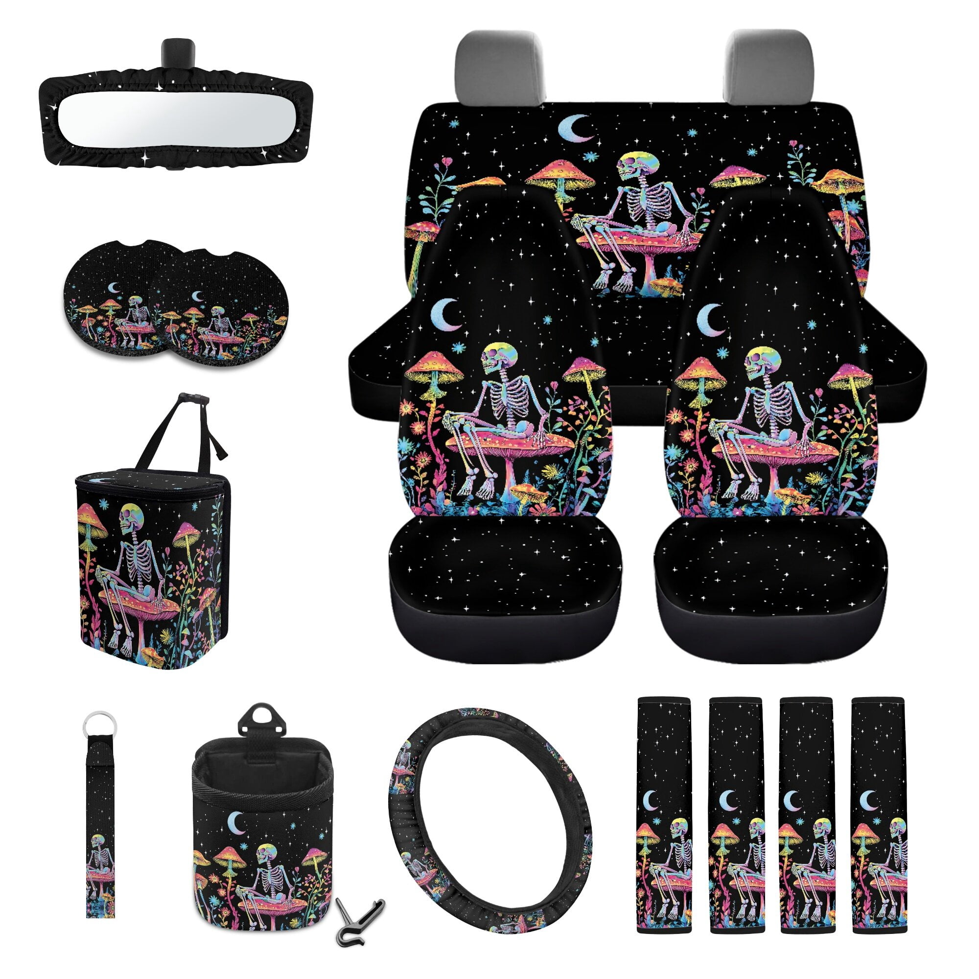 LedBack Skeleton Mushroom Print Auto Seat Covers Set Star Moon Print Front Back Seat Covers Steering Wheel Cover Seatbelt Pads Rearview Mirror Cover Trash Bag Universal Fit Most Cars