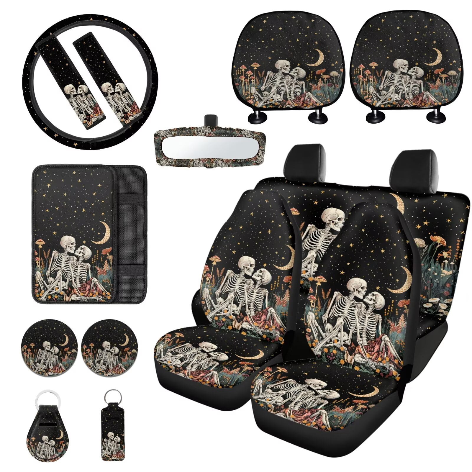 LedBack Skeleton Print Car Seat Covers Set Mushroom Printed Car Front and Back Seat Cover Steering Wheel Cover Armrest Pads Covers Headrests Cover Seatbelt Cover Car Coaster Keychain, 15 Pack