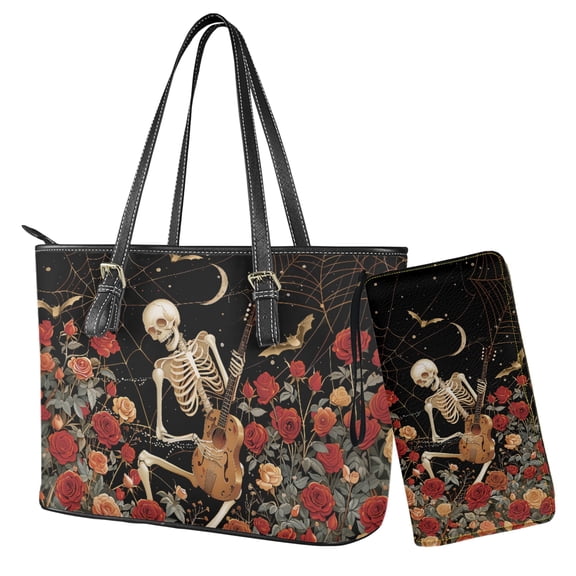LedBack Skeleton Rose Bat Print Handbag and Purse Set for Women Pu Leather Bucket Totes Top Handle Handbag with Matching Wristlet Wallet for Ladies Shopping Walking, Black and Red