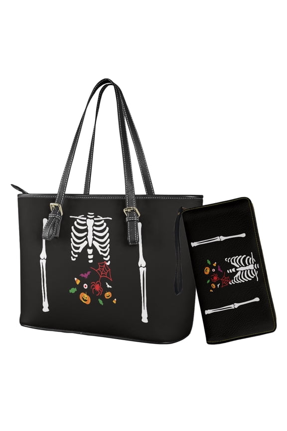 Skeleton Spider Printed Womens Handbag with Purse Set for Halloween Party Totes Top Handle Satchels Bucket Tote Bag with Matching Wallet for Ladies Leather Handbag Set, Red