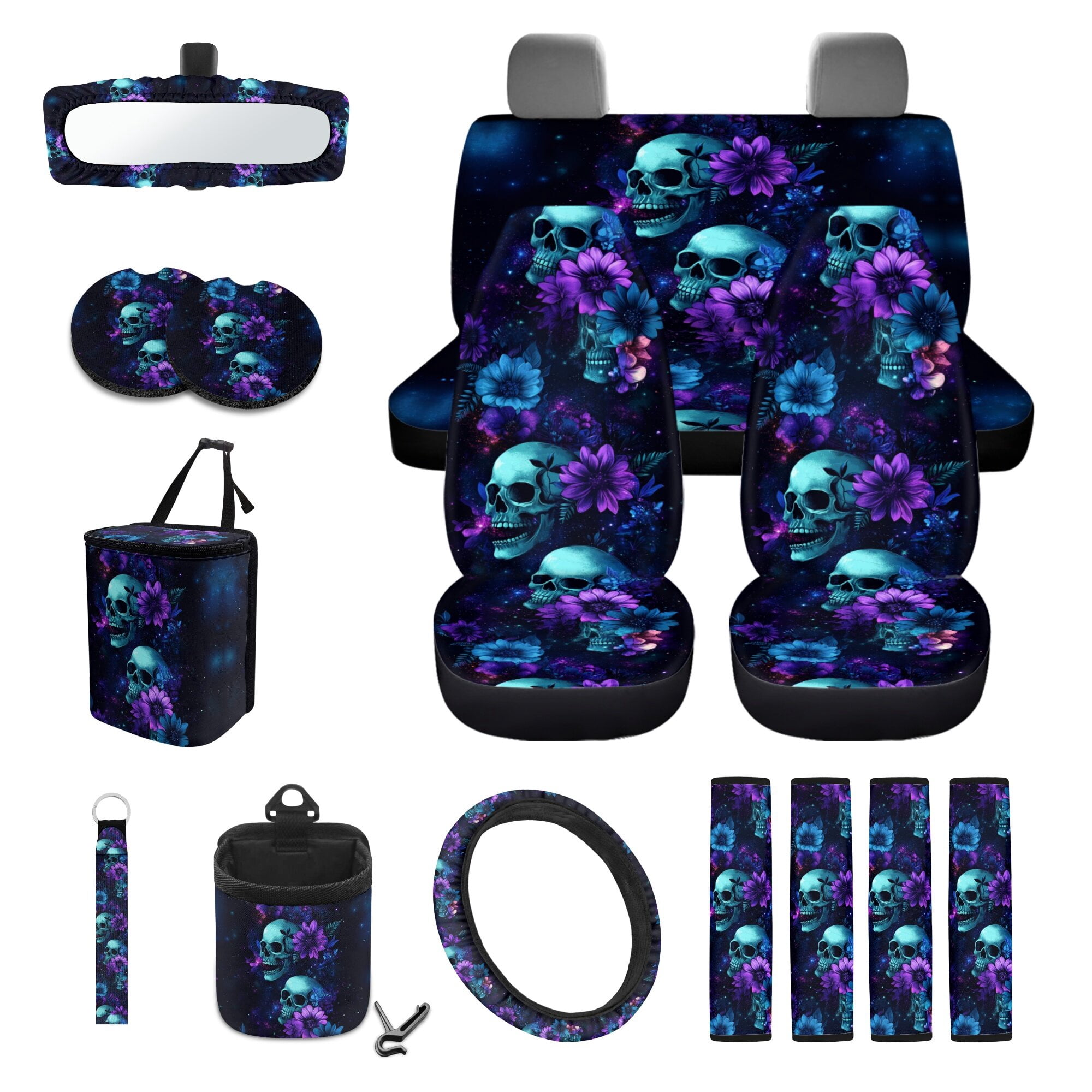 LedBack Skull Flower Print Car Seat Cover Sets Full Set Universal Car Front Back Seat Cover Safety Belt Pads Rear View Mirror Protector Trash Can Cup Cushions for Truck SUV Sedan
