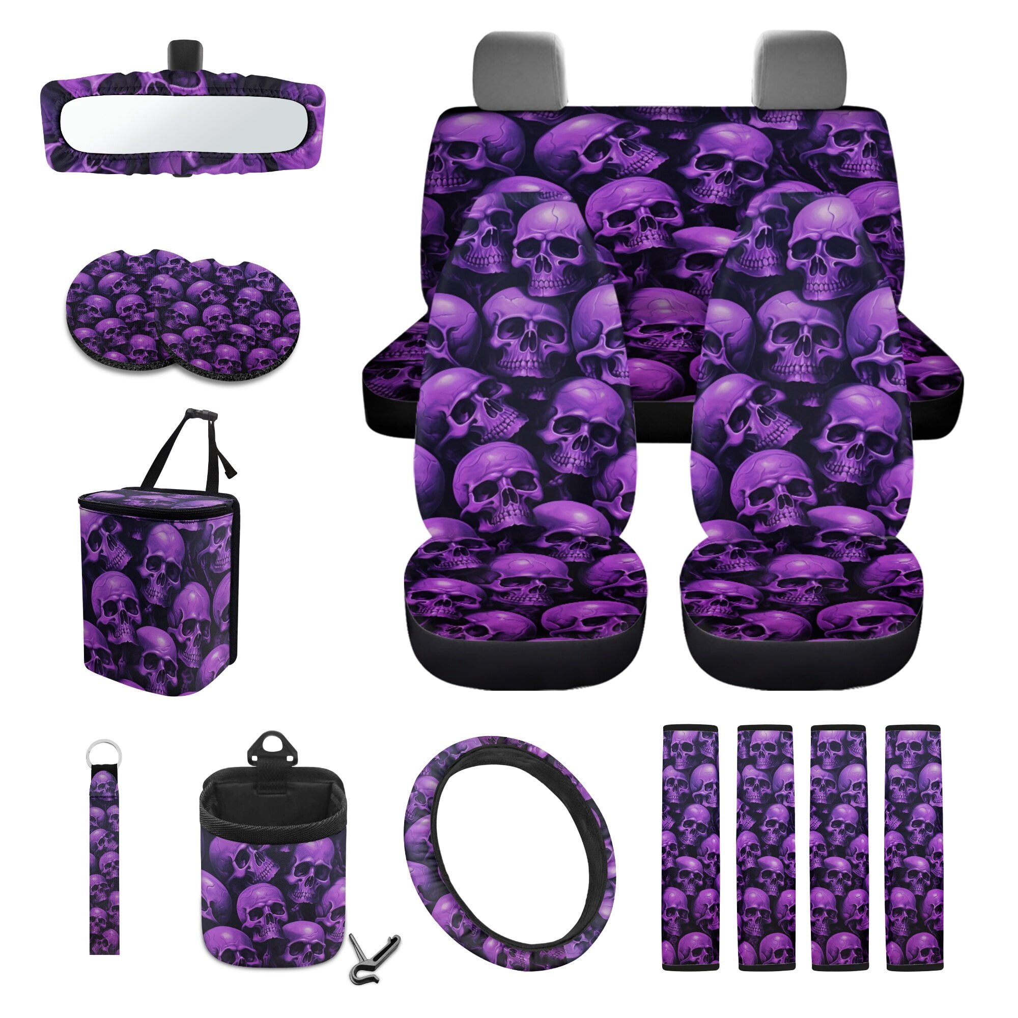 LedBack Skull Print Car Seat Covers Full Set 15Pcs Car Accessories Set Includes Front and Rear Split Bench Seat Cover Steering Wheel Cover Safety Belt Pads Rear View Mirror Protector