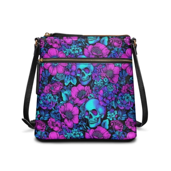 LedBack Skull Print Leather Crossbody Purse for Women Lady, Multi Pocket Satchel Purse Hobo Bag with Adjustable Strap, Sling Shoulder Handbag Messenger Bag, Gift for Women, Purple