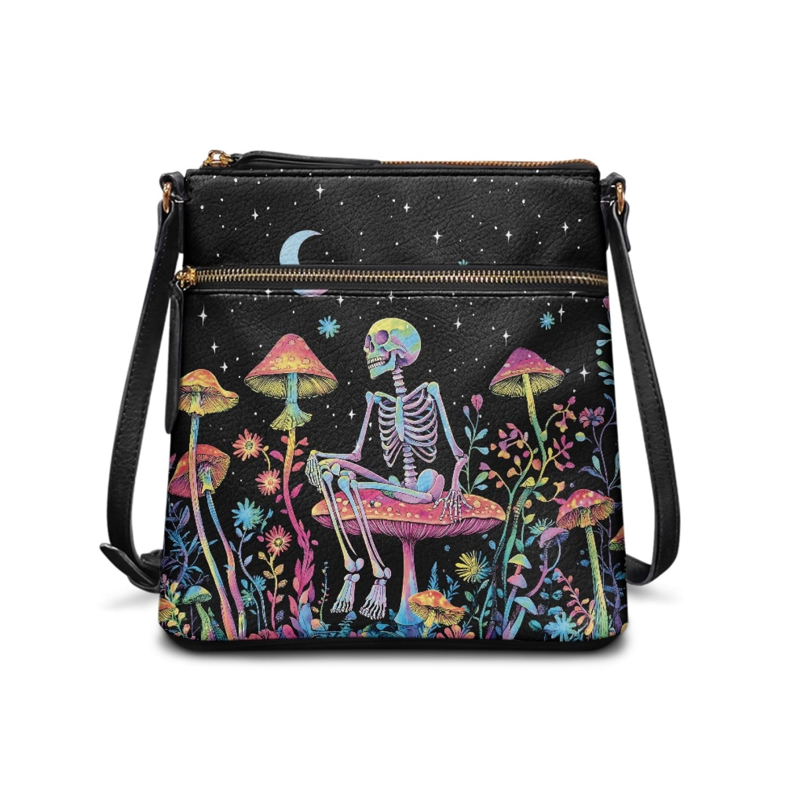 LedBack Skull Print Women's Crossbody Bag Leather Shoulder Handbag Sling Satchel Purse Multi Pocket Hobo Bag with Adjustable Shoulder Strap, Black