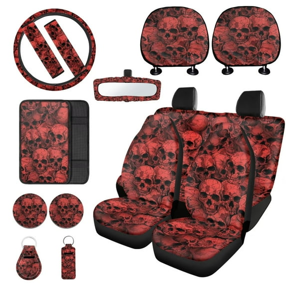 LedBack Skull Printed Car Seat Cover Full Set Automotive Steering Wheel Covers Decorative Car Rear View Mirror Protector Non Slip Armrest Pads Covers Auto Interior Accessories Set of 15, Red