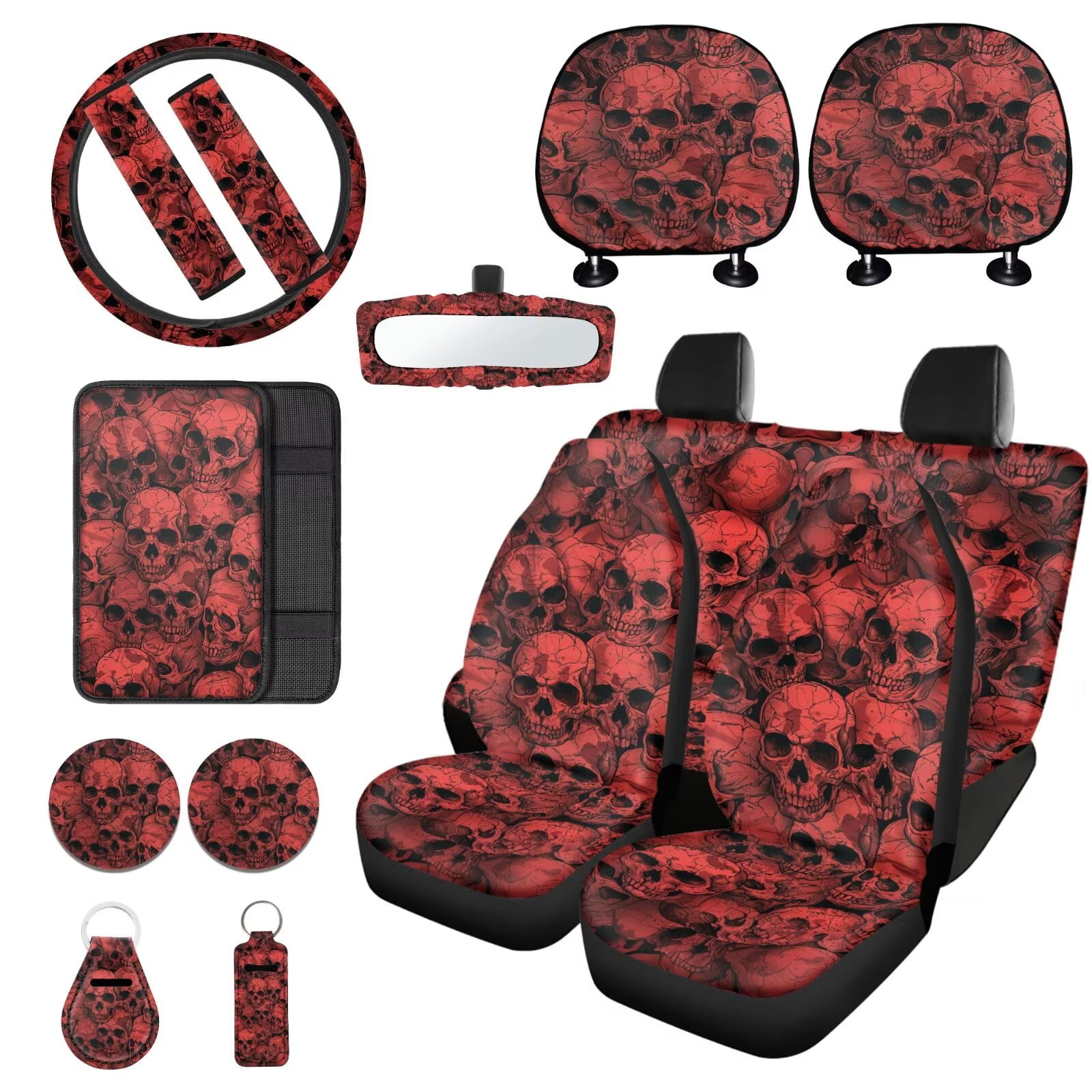 LedBack Skull Printed Car Seat Covers Full Set with Steering Wheel Covers Seat Belt Covers Head Rest Covers Lipstick Holder Keychain Car Rear View Mirror Protector Car Accessories, 15 Pack