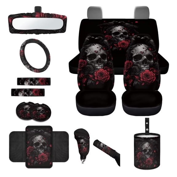 LedBack Skull Rose Print Car Seat Cover Sets Full Set Decorative Auto Accessories Steering Wheel Cover Center Console Pad Safety Belt Pads Car Rear View Mirror Protector etc, Universal Fit