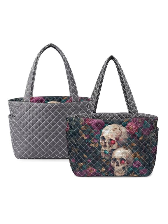 Skull Rose Print Handbags for Women Quilted Tote Bag Two-tone Hobo Purse Double Sided Satchel Shoulder Bag with Side Pockets