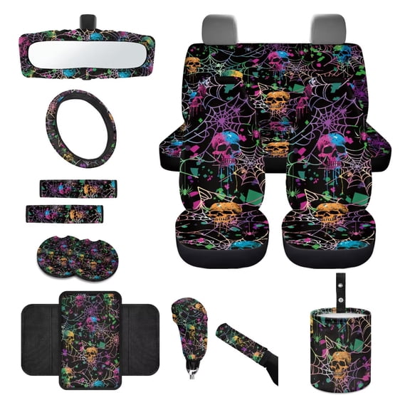 LedBack Skull Spider Web Print Car Seat Covers Front and Back Full Set with Steering Wheel Cover Armrest Pad Safety Belt Pads Rearview Mirror Cover, Universal Fit Sedan SUV Truck Van
