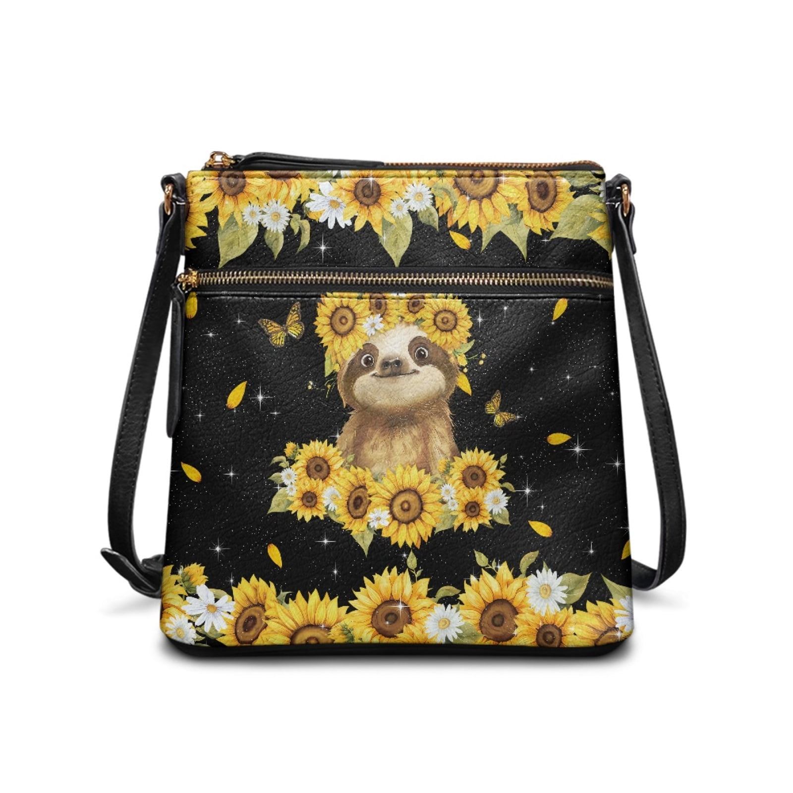 LedBack Sloth Print Crossbody Bag for Women, Zipper Leather Hobo Purse for Women Ladies, Portable Satchel Bag Multi Pockets Shoulder Handbag for Travel Shopping, Black