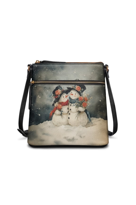 Snowman Rose Printed Crossbody Purses with Anti-Theft Pocket Leather Shoulder Handbag Lightweight Cross Body Sling Purse for Party, Gray