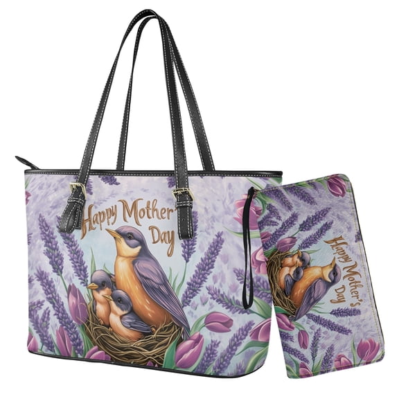 LedBack Sparrow Tulip Printed Womens Handbag with Purse Set Large Capacity Totes Top Handle Satchels Bucket Tote Bag with Matching Wallet for Ladies Leather Handbag Set, Purple
