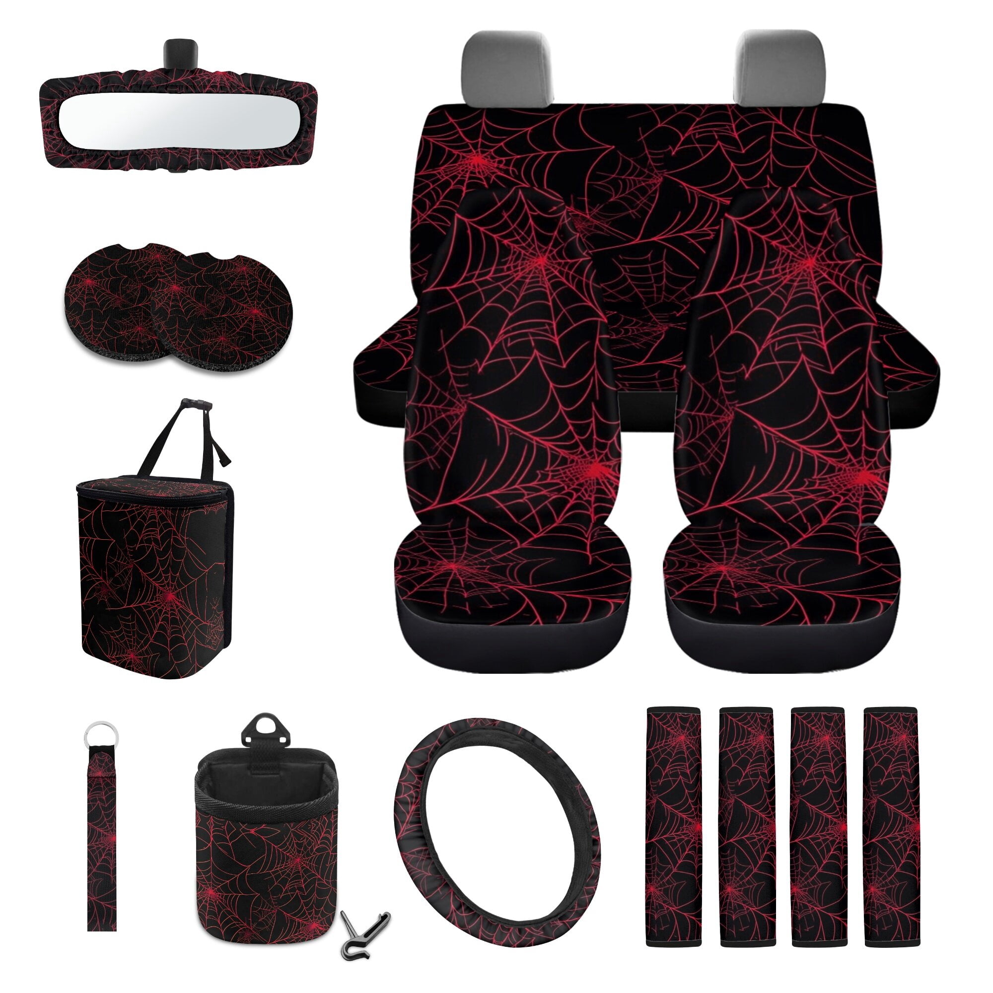 LedBack Spider Web Print Car Seat Cover Set for Men Decorative High Back Bucket Seat Cover with Safety Belt Pads Car Air Vent Storage Pouch Rear View Mirror Protector Universal Fit